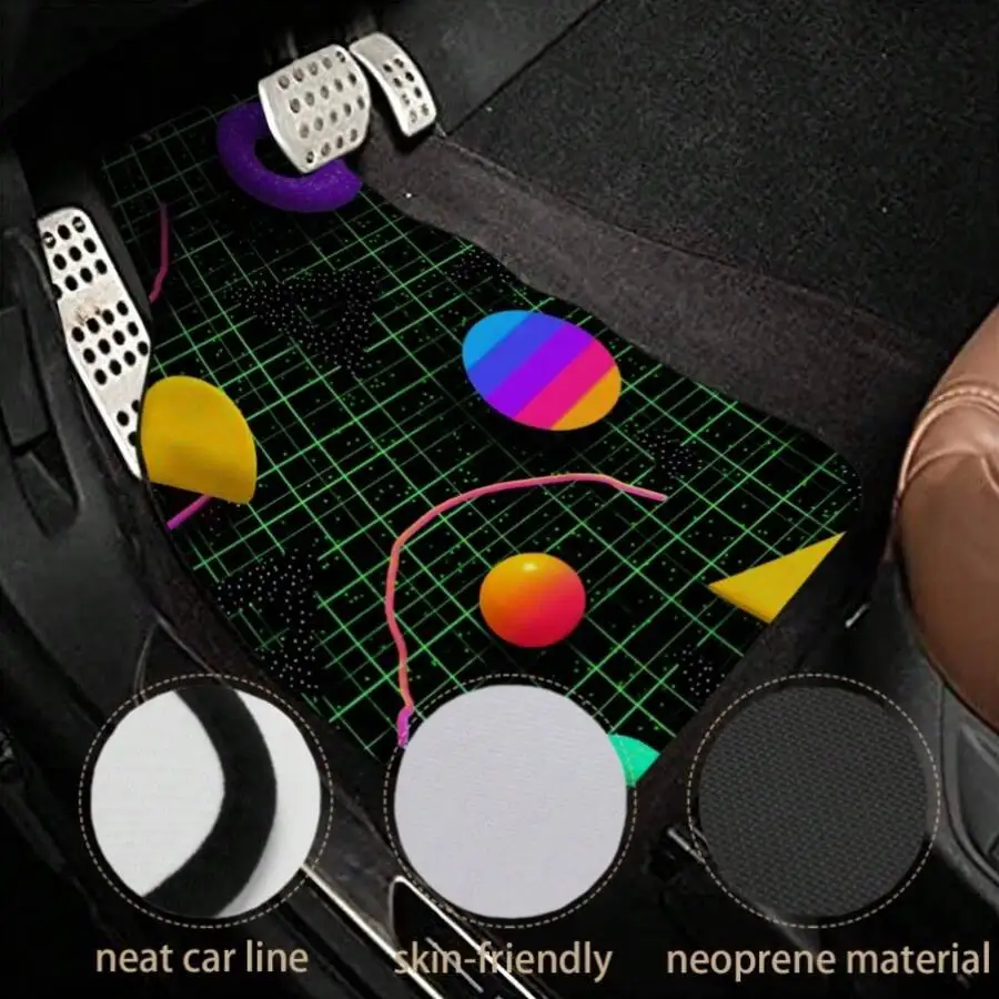 A Set Of 4 Non-Slip Car Floor Mats, Featuring A Retro-Futuristic Neon Design, Suitable For Both Front And Rear Seats. These