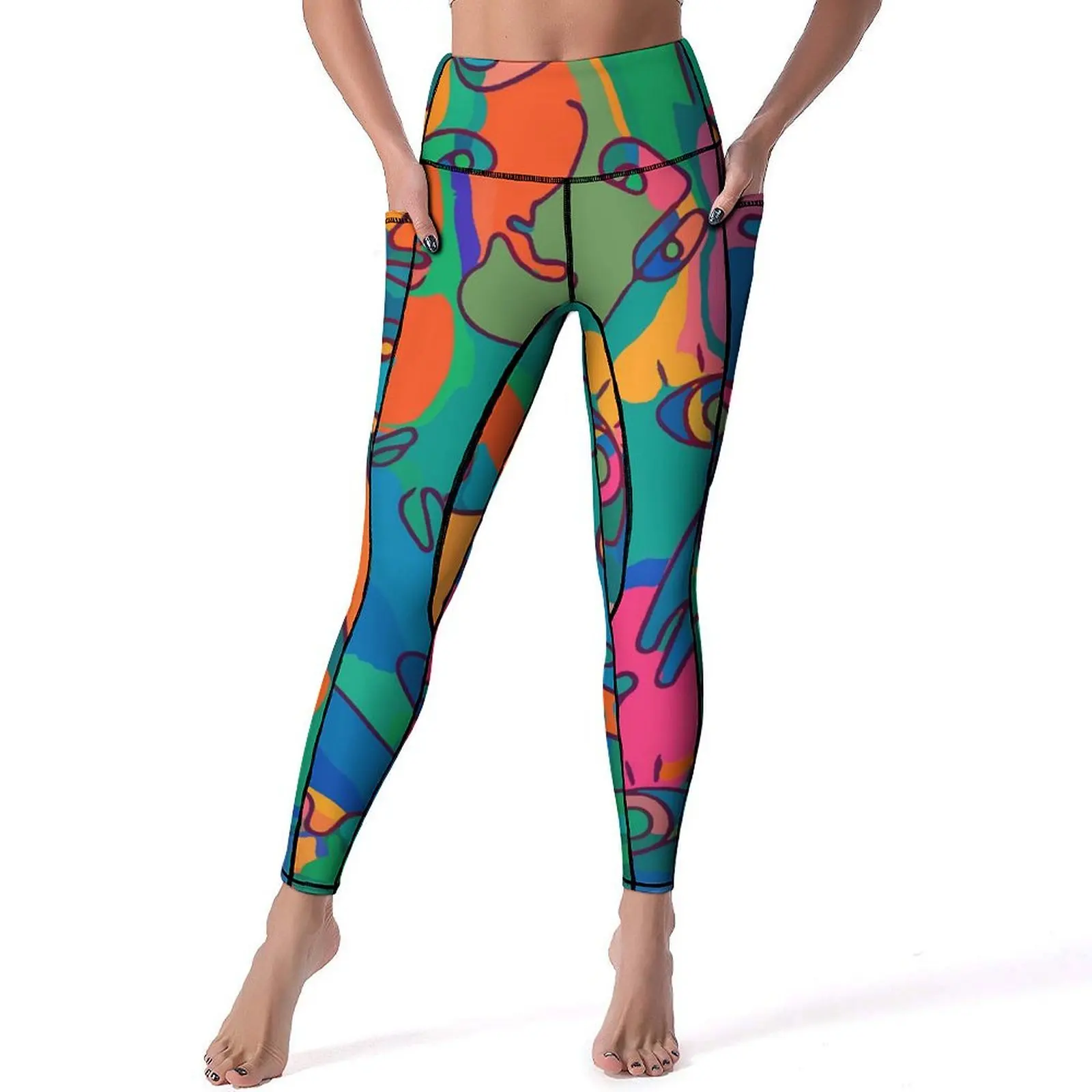 

Vintage Color Block Leggings Abstract Face Finger Gym Yoga Pants Push Up Retro Leggins Stretchy Custom Sports Tights Gift Idea