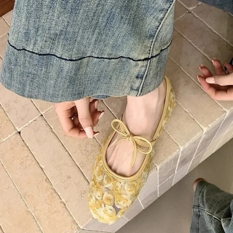 Gentle New Chinese Rose Mesh Mary Jane Shoes 2026 Spring and Summer New Bow Soft Sole Shoes