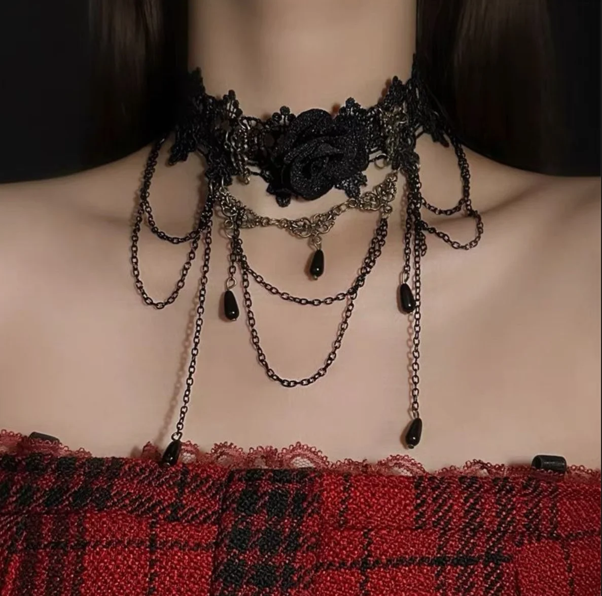 Trendy Black Lace Flower Tassel Choker Necklace for Women Punk Gothic Halloween Chocker Jewelry Collar Accessories