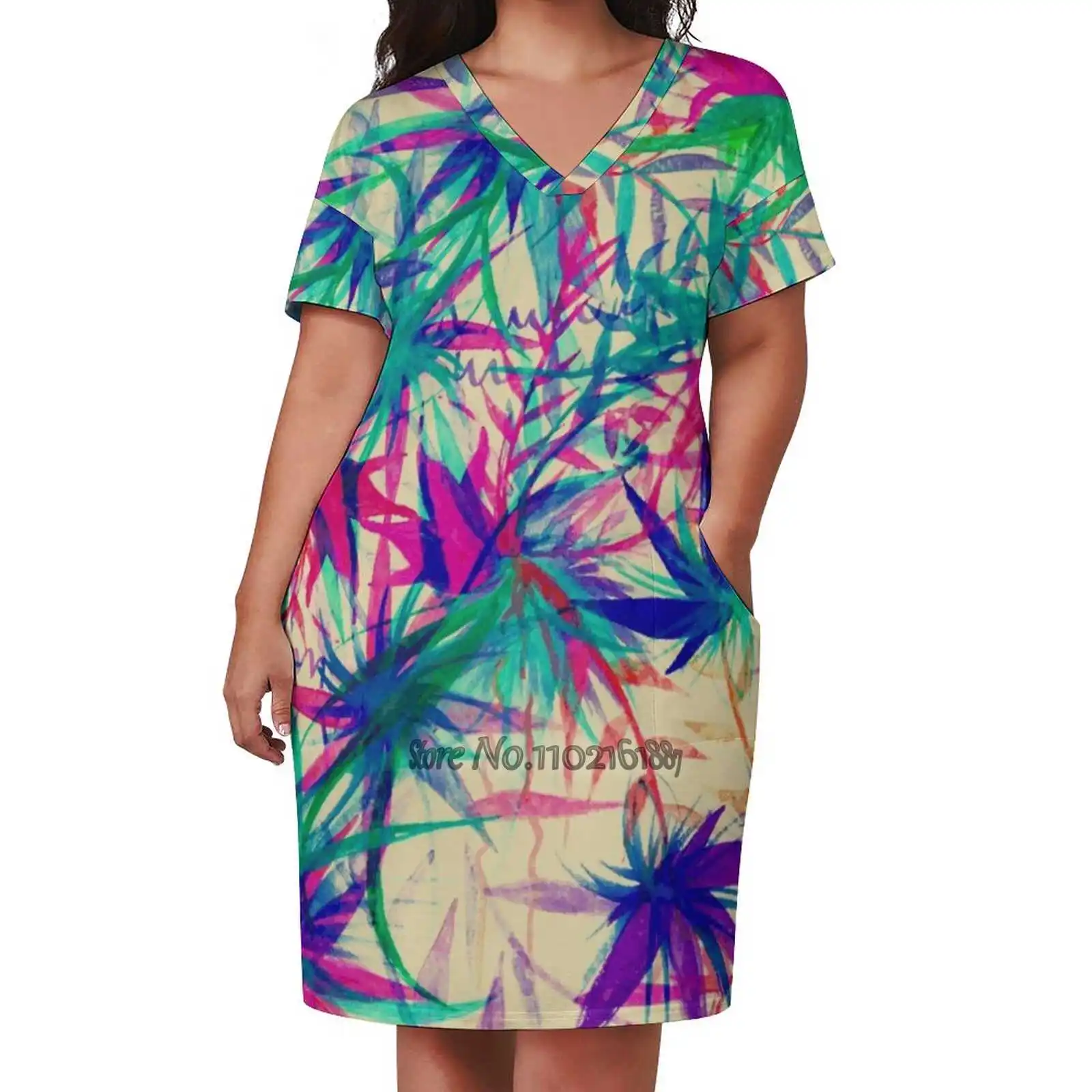 Tropical Jungle - A Watercolor Painting Loose V-Neck Short Sleeve Skirt Elegant High Quality Dress Lightweight Fabric Skirt