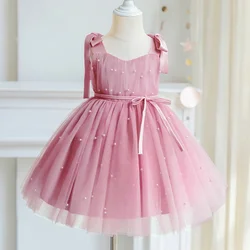 Elegant Kid Dresses for Girl 1-5 Years Sleeveless Tutu Fluffy Princess Pearls Wedding Gown Summer Pink Party Birthday Dress