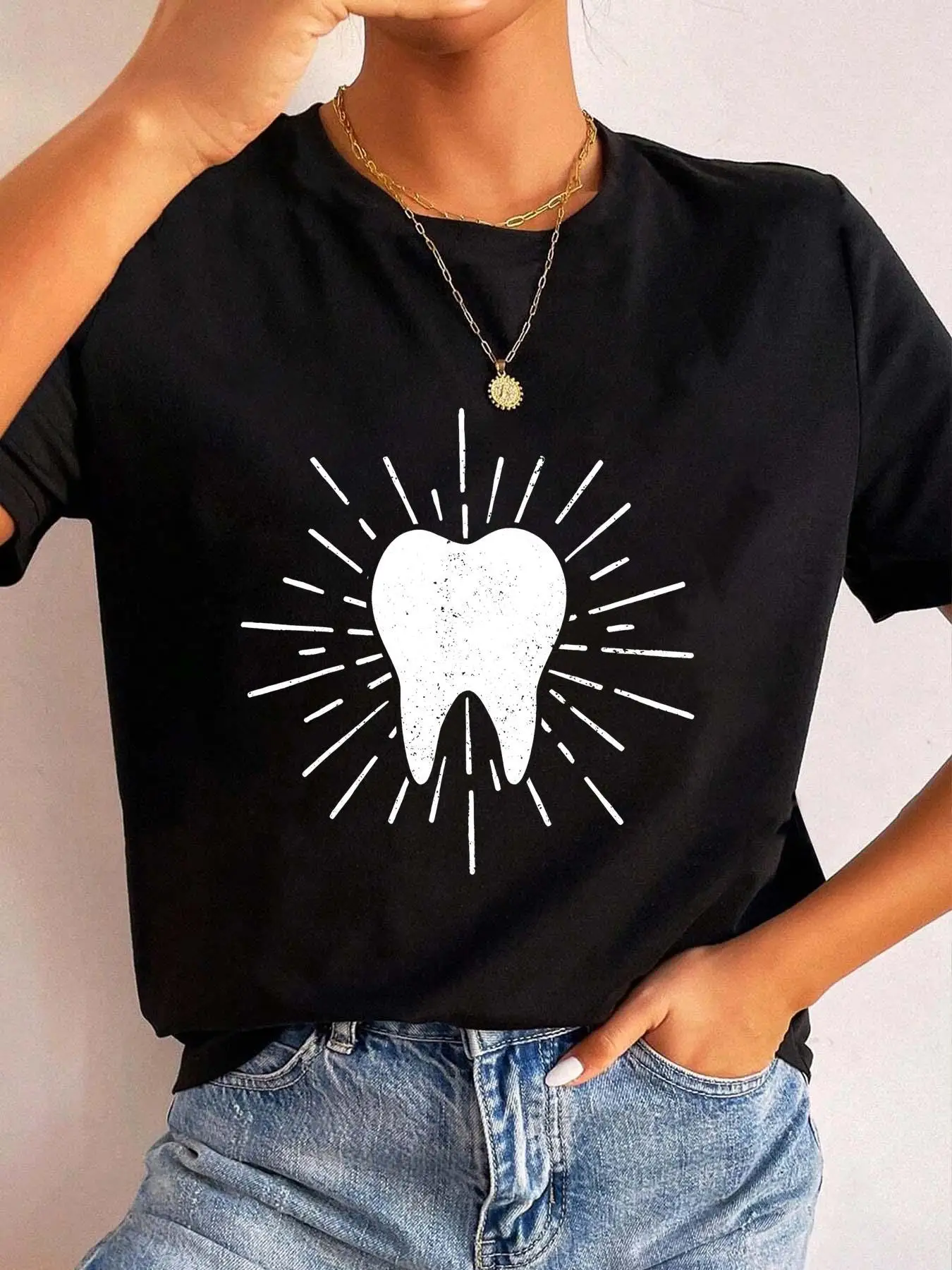 Dentist Tooth Graphic T Shirt for Women Round Neck Short Sleeve Casual Top Unique Dental Design Summer Tee