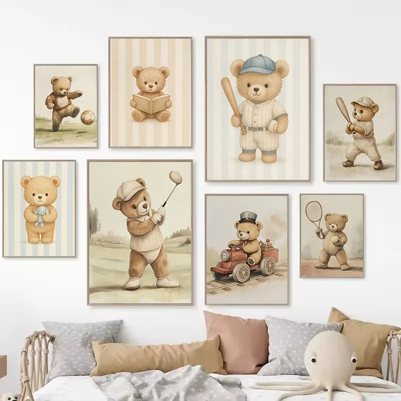 Retro Watercolor Bear Holding Toy Sports Train Cartoon Animals Poster Canvas Painting Wall Art Pictures Home Playroom Decor