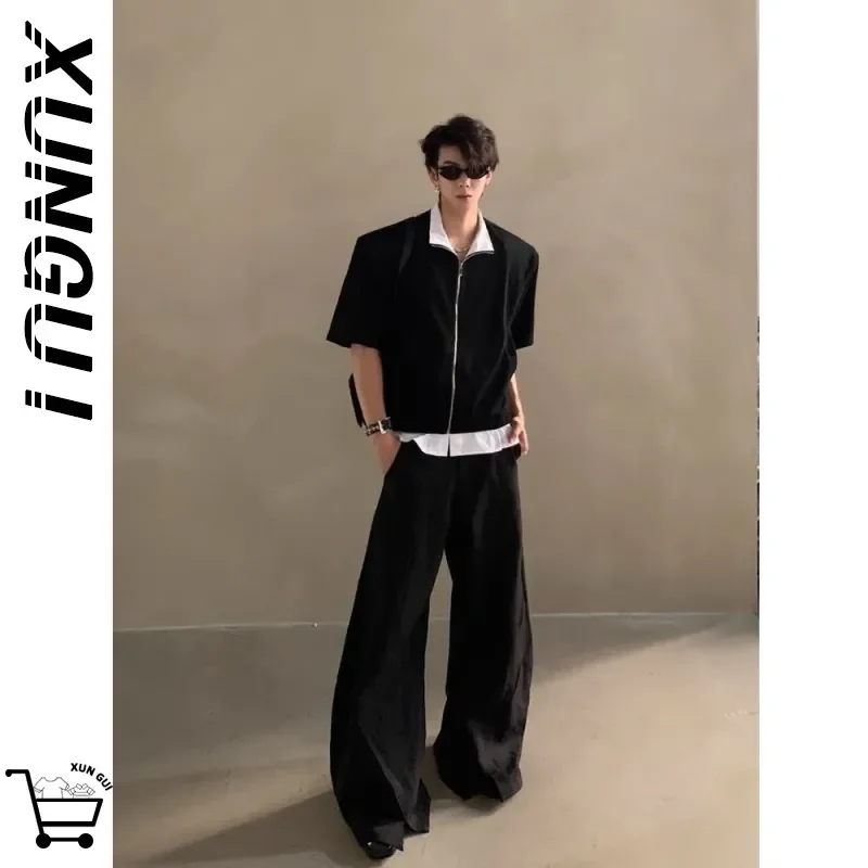 Men's Black Layered Look Zip-Up Polo Shirt Short Sleeve Oversized Casual Top