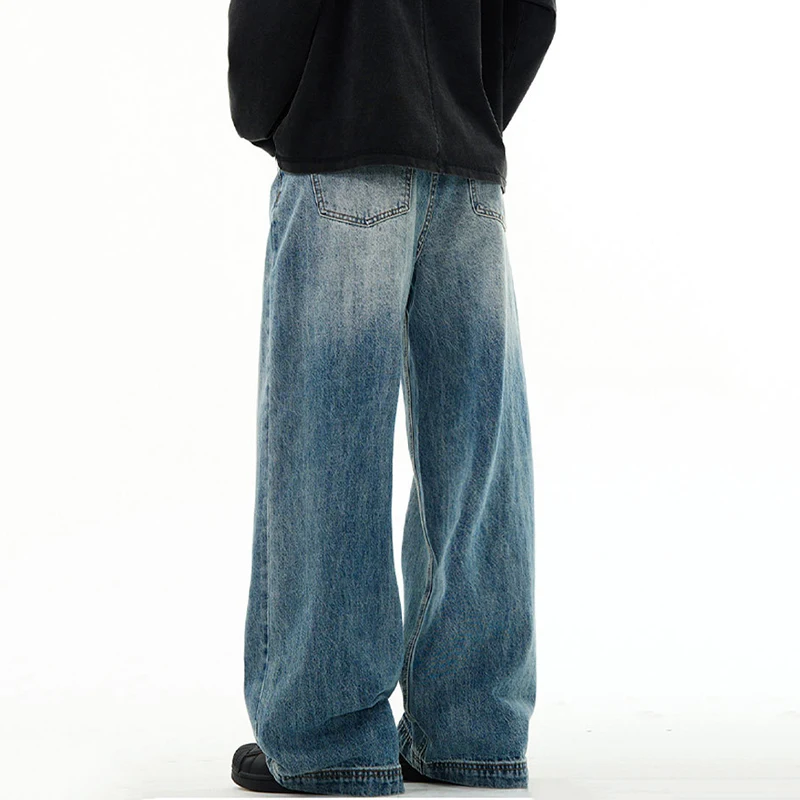 Novo lavado calças de brim retas masculinas na moda cor sólida estilo americano perna larga calças jeans versátil calças casuais