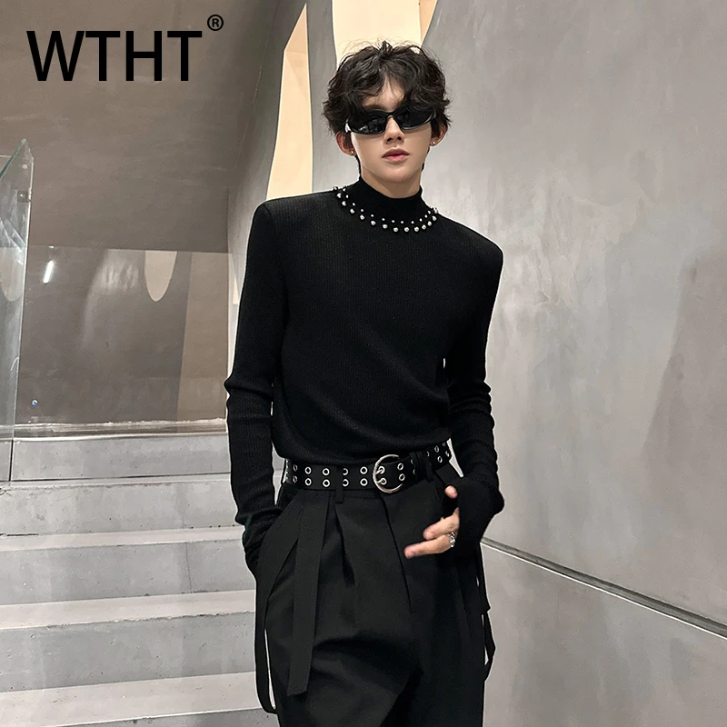 WTHT Fashion Men's Solid Color Diamond Shoulder Pad T-shirts Trendy High Street Long Sleeves Tops Male 2025 Autumn 2A2188