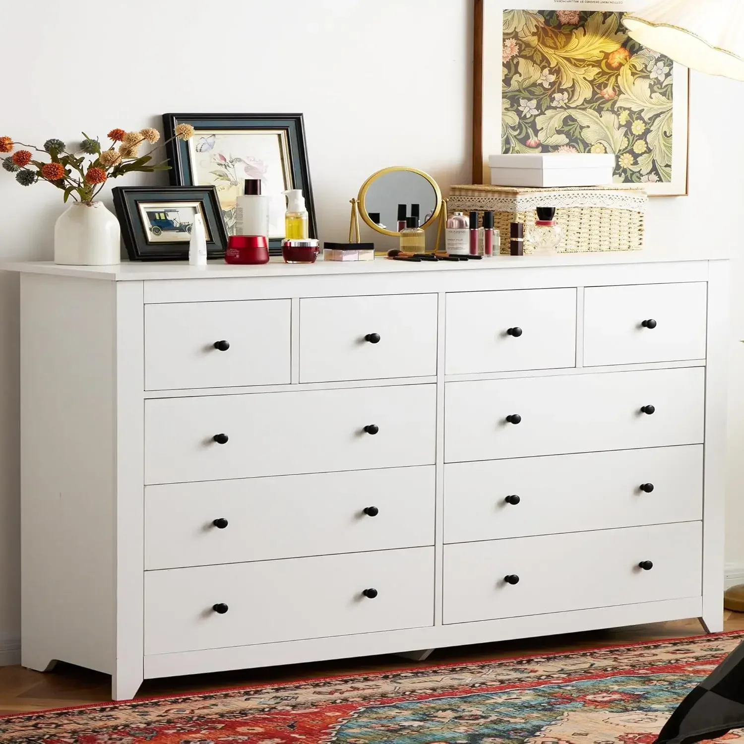 White Dresser, Dresser for Bedroom with 10 Deep Drawers Wood Dresser with Smooth Metal Rail, Large Dressers & Chests of Drawers