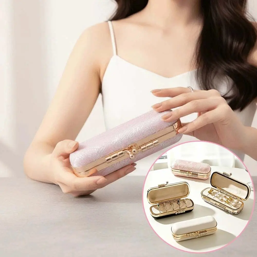 Kiss Lock Clasp Mini Ring Box Gold Metallic Trim Faux Leather Outer Travel Jewelry Case Cylinder Round Shape Luxury Style Look
