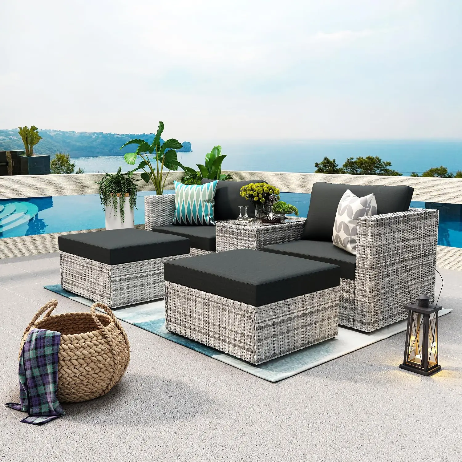 Patio Furniture Set 5 Pieces Outdoor Conversation Set All-Weather Wicker Rattan Sectional Sofa With Ottoman Cushions Pillows