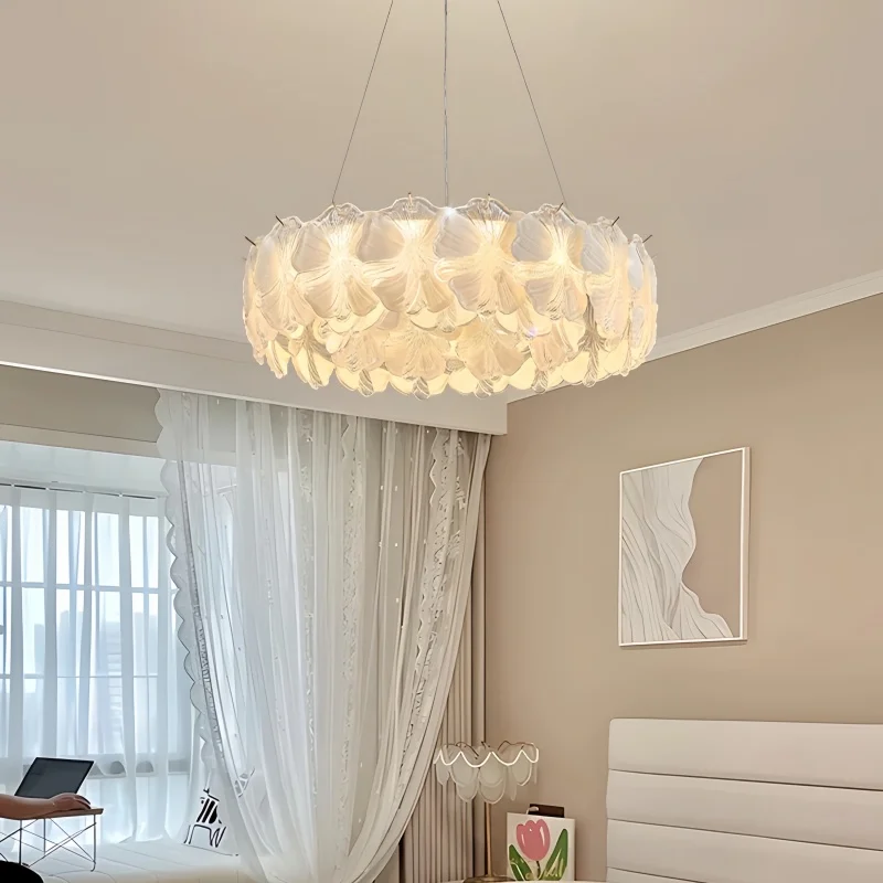 

French Flowers Glass Chandelier Petal Hanging Lamp Villa Ambient Home Decor E14 For Living Room Bedroom Hall Pendant Lights