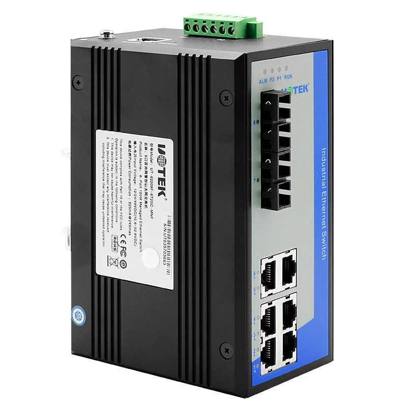 UOTEK 6 Ports Network Managed Fast Ethernet Switch Custom DIN-rail 2 Fibers 100M Single Mode RJ45 Port UT-62208F-6T2SC-MNF