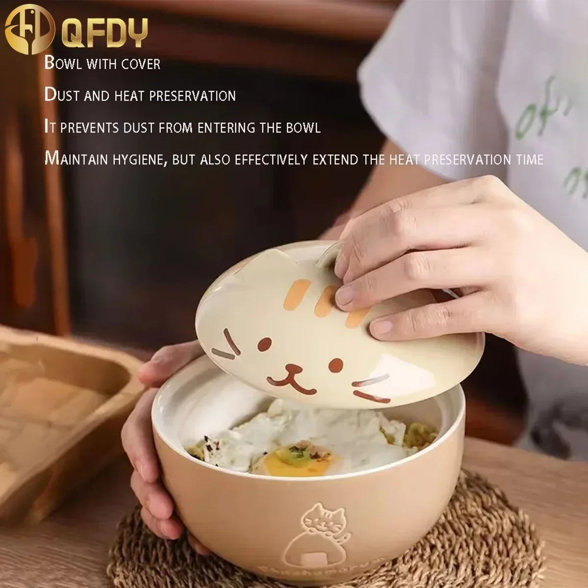 

Large capacity ceramic bowl Cute cat cover personality family soup bowl Student noodle bowl cover Japanese cutlery