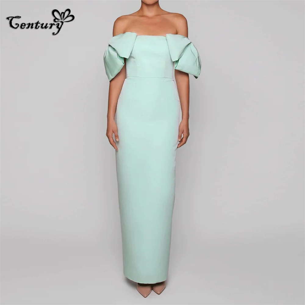 

Mint Green Dubai Prom Dress Long Big Bow Floor Length Off Shoulder Satin Saudi Arabic Formal Dresses for Women Customized