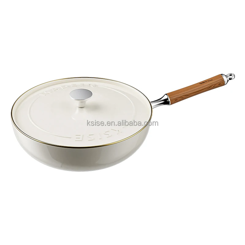 

32cm Die Cast Ceramic Aluminum Wok with Beech Wood Handle and Metal Cover Two Color Cookware