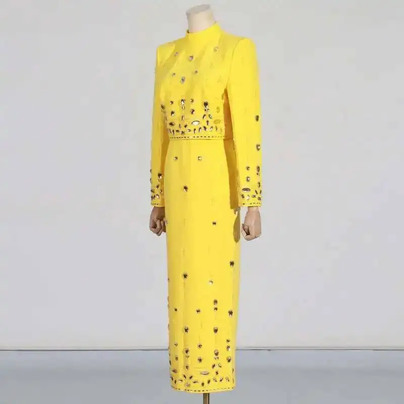 HKSH Spring Autumn New Women's Two-piece Set Luxury Studded Diamonds Stand Collar Long Sleeves Top Slim Fit Skirt Elegant HK3243