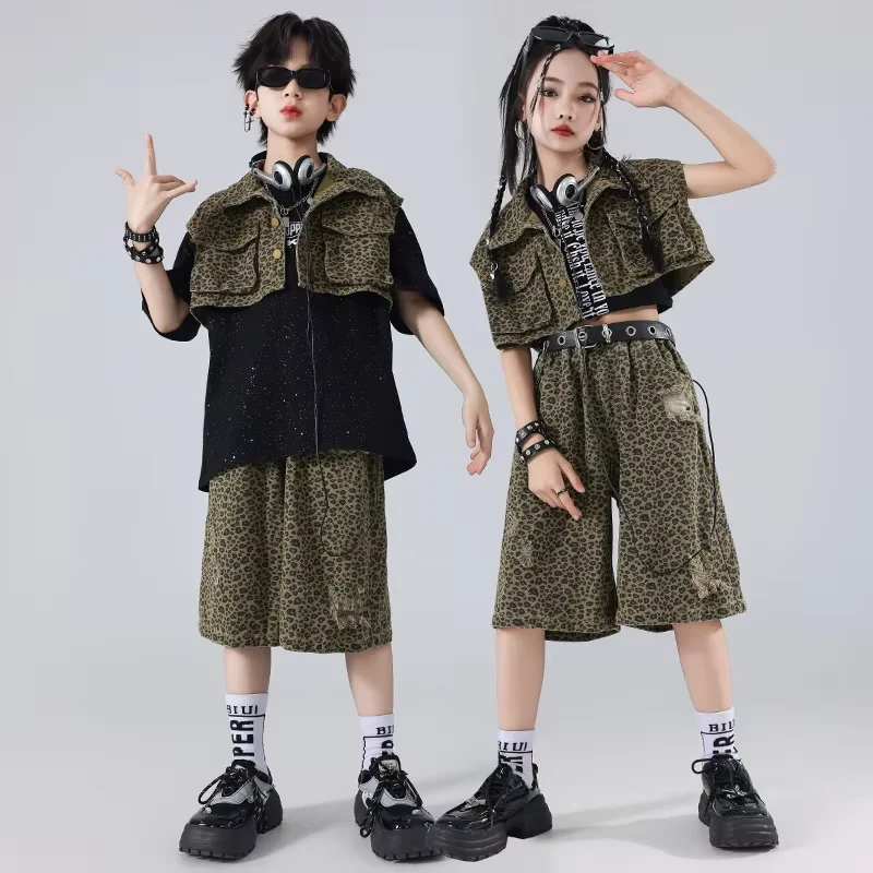 Teens Boys Girls Streetwear Dance Clothes Set Summer Group Hip-hop Performance Costume Leopard Vest Jacket Ripped Shorts 2 Pcs