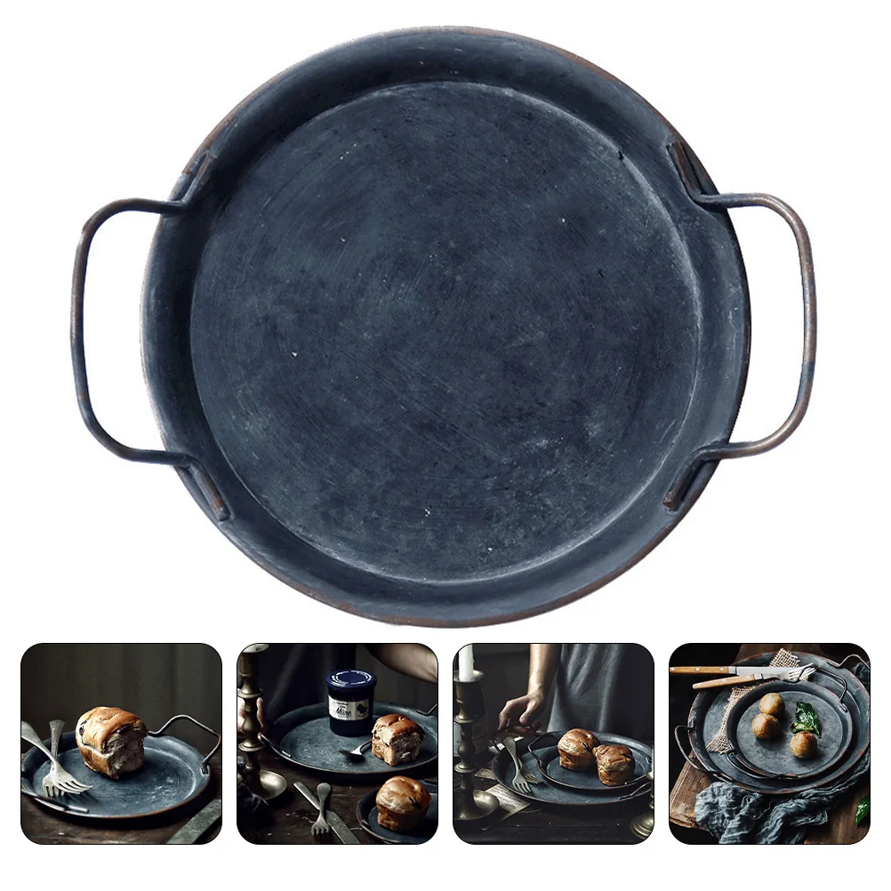

1Pcs Iron Storage Tray Vintage Decorative Food Serving Plate Silver Home Retro Multi-Use Display Stand Storage Tray