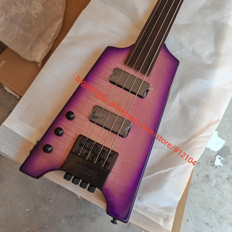 Purple Fretless No Fret Lines Just Side Dots Left-Handed 4 Strings Headless Electric Bass Guitar, Mahogany Body BJ944