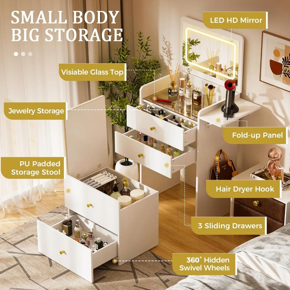 مكتب مكياج مدمج 3 في 1 مع سطح زجاجي ومرآة قلابة وأدراج تخزين