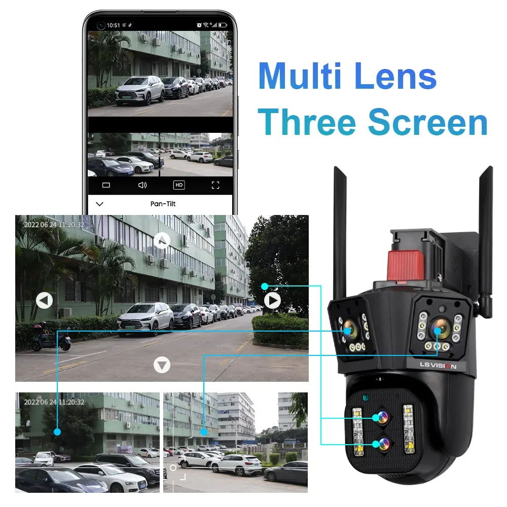 10X Zoom Four Lens Three-Screen 16MP HD IP Camera PTZ 8K WiFi Audio Camera Security Protection CCTV Color Night Vision Cameras