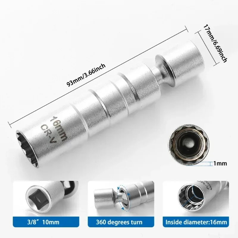 Motorcyle Spark Plug Socket Wrench Adapter 14mm16mm Set Universal Joint with Magnetic Flexible Socket Thin Wall 3/8\