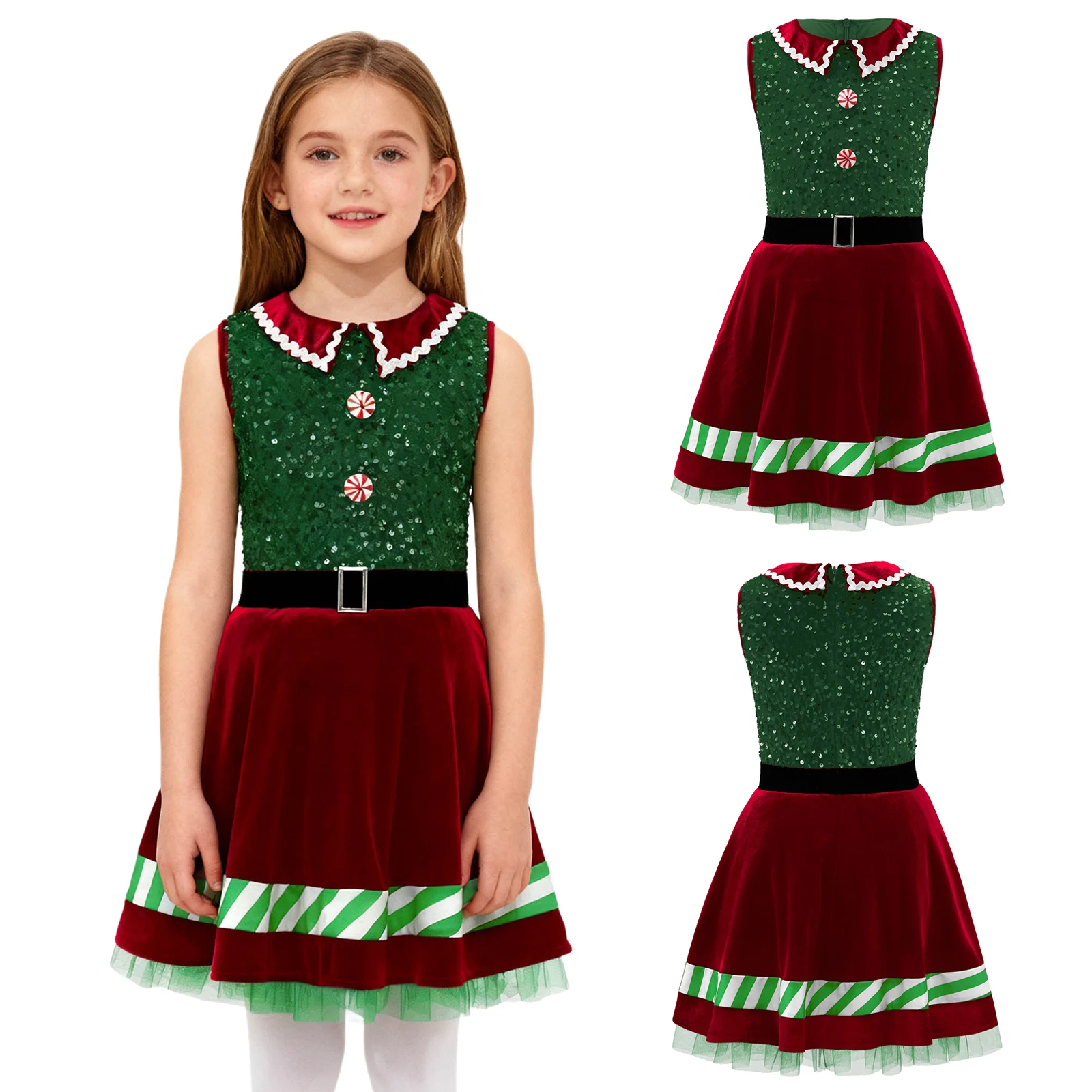 

Детский рождественский костюм эльфа Санта-Клауса с пайетками для девочек, бархатное сетчатое платье-пачка без рукавов на молнии для рождественской новогодней вечеринки, фотосессии