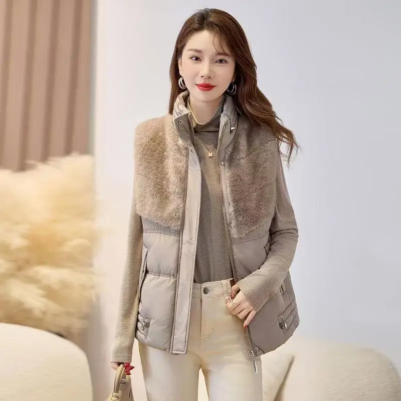 

2026Women Down Cotton Vest Autumn Winter New Fashion Splicing Plush Sleeveless Short Jacket Coat Female Waistcoat Outerwear Tops