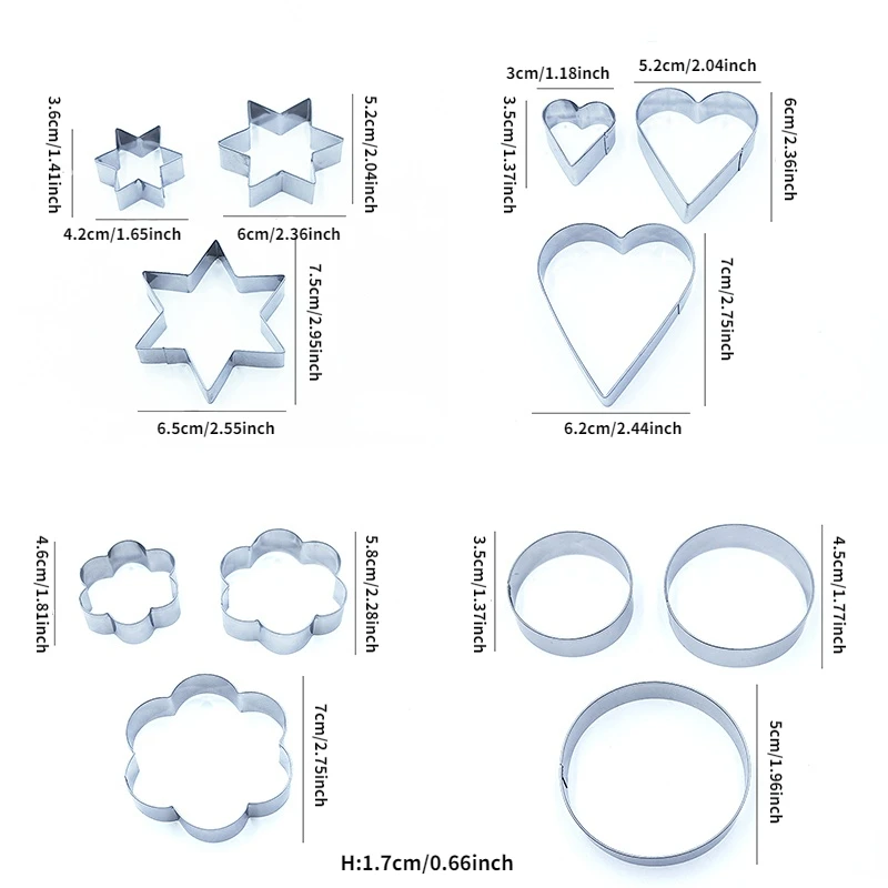 12 Piece Set of Stainless Steel Biscuit Cutting Molds, Baking Molds, Kitchenware Tools, Clay Molds, Hearts, Stars, Flowers, CIRC