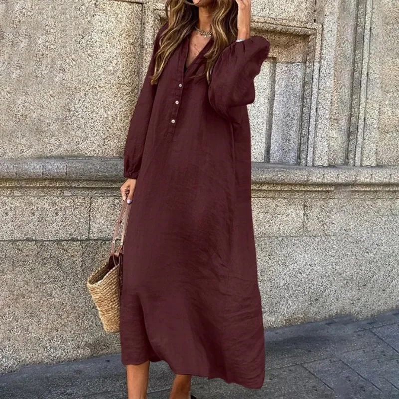 Women Vintage Oversized Streetwear Cotton Linen Shirt Dresses for Women 2023 Spring Autumn Trendy V Neck Long Sleeve Maxi Dress