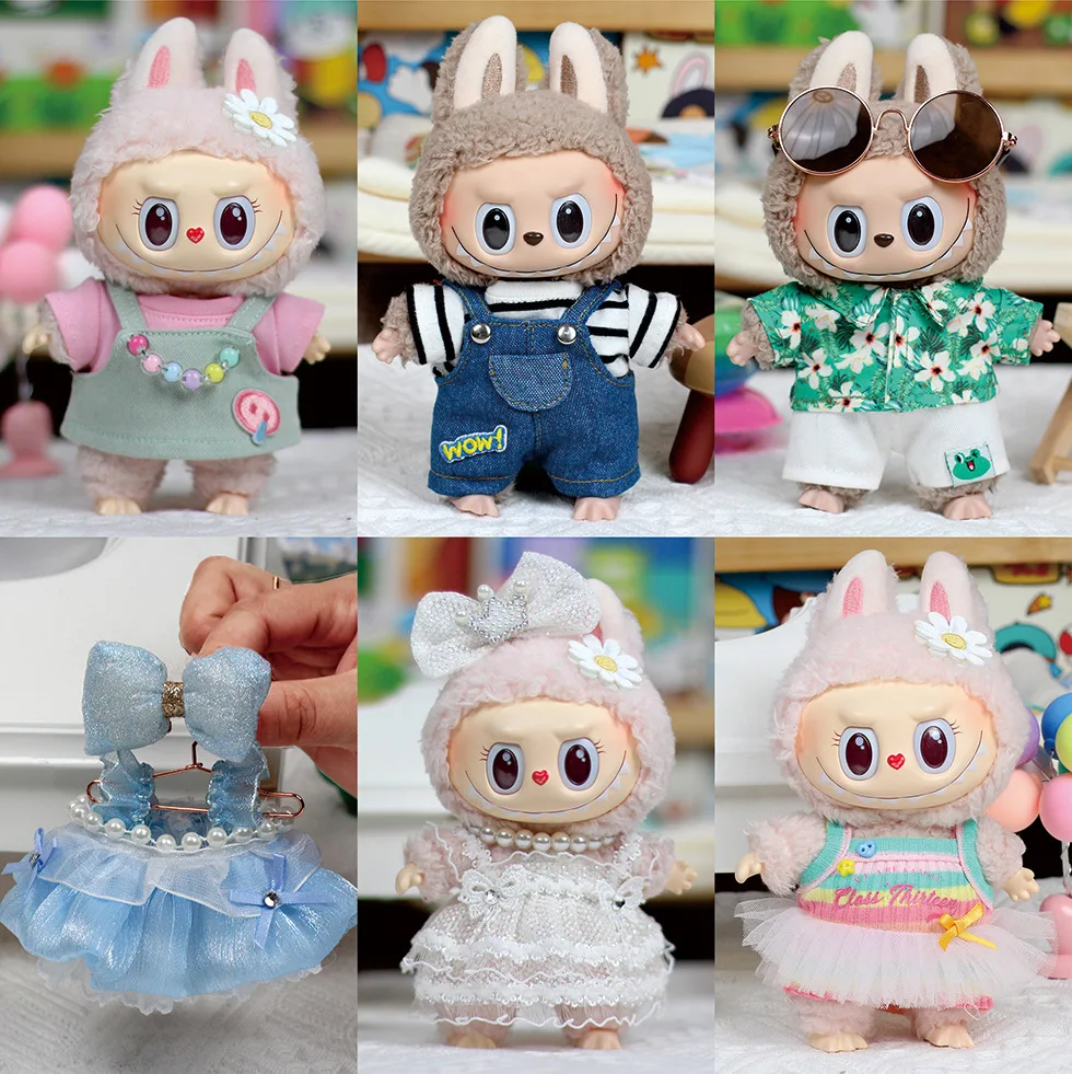 17cm Mini Plush Doll'S Clothes Outfit Accessories For Korea Kpop Exo Labubu II Idol Dolls Sitting Party Plaid overalls Clothing