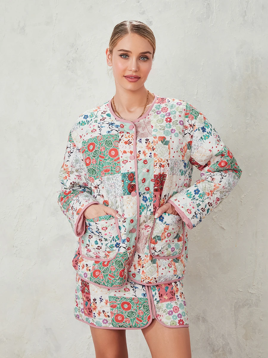 Vrouwen Winter Rokken Outfits Bloemenprint Knopen Lange Mouwen Dunne Gewatteerde Gewatteerde Jas Mini Rokken 2 Stuks Kleding Set