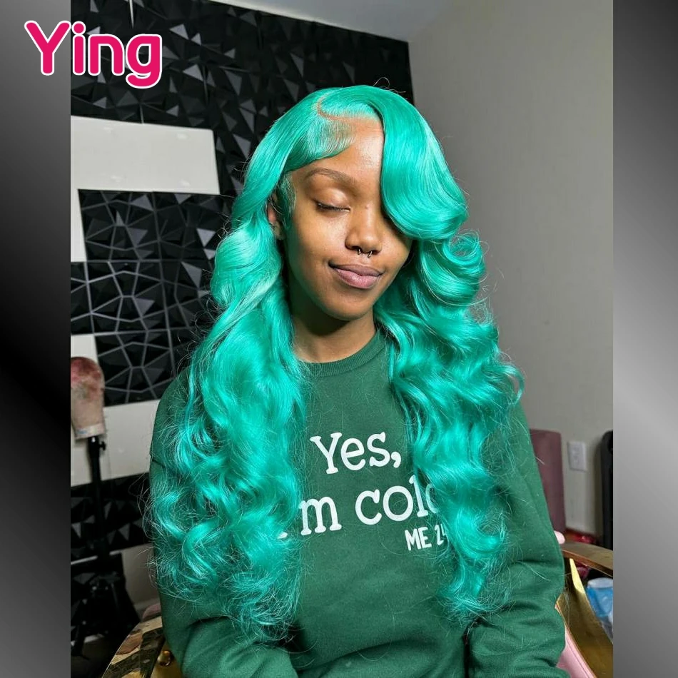 

Ying Mint Green Colored 200% Body Wave 13x4 Lace Frontal Wig PrePlucked With Baby Hair 13x6 Transparent Lace Front Wig 34 Inch