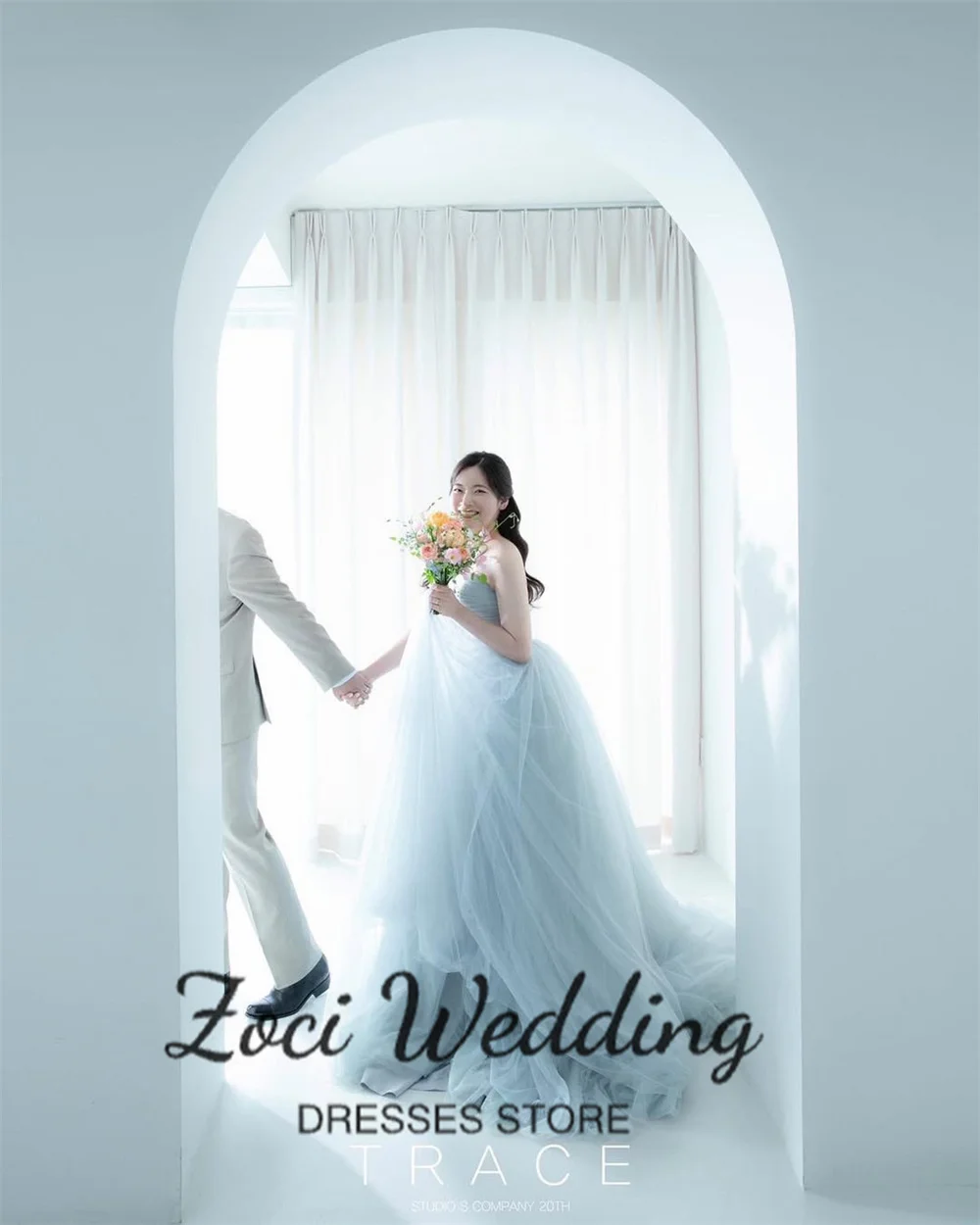 Zoci Sky Blue Soft Tulle Korea Wedding Dresses Strapless A-line Customized Photos Shoot Dress Sleeveless Fairy Bridal Gown