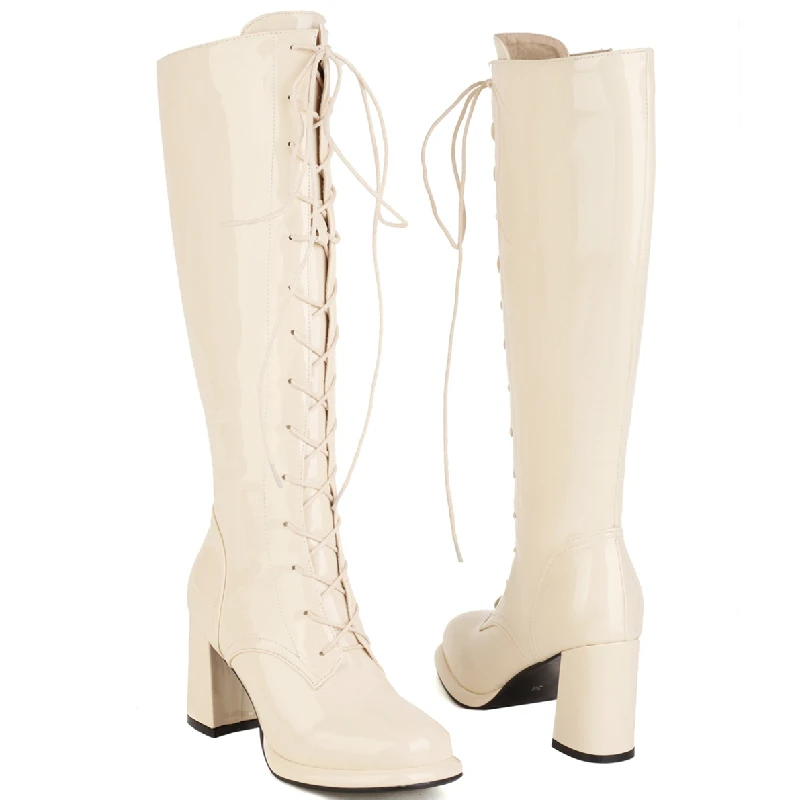 Autumn Winter Women\'s High Boots Black Red White Knee Boot Female High Heels Lace-up Long Tall Party Shoes Lady Large Size 45 48