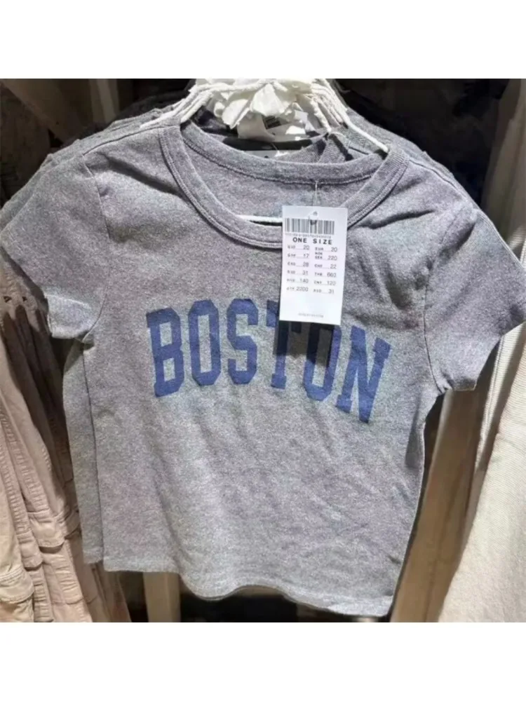 Casual Women Cotton Grey Tees 2023 Summer Fashion Ladies Casual O Neck Short Sleeves Female Letter Printed Tops
