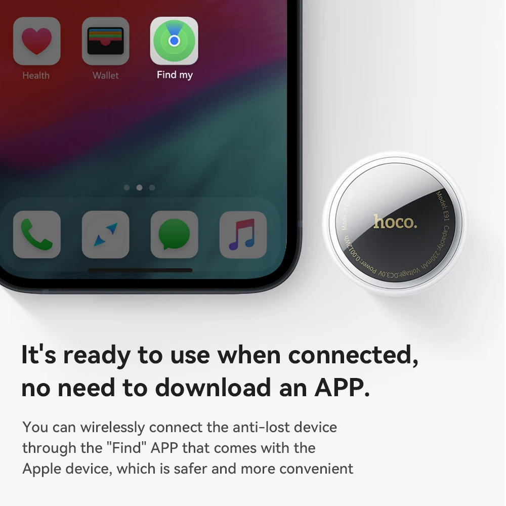 محدد موقع مفتاح HOCO الذكي ، جهاز تتبع GPS ، بلوتوث ، علامة مكافحة الضياع ، تذكير التنبيه ، العمل مع Apple Find My للحيوانات الأليفة ، E91