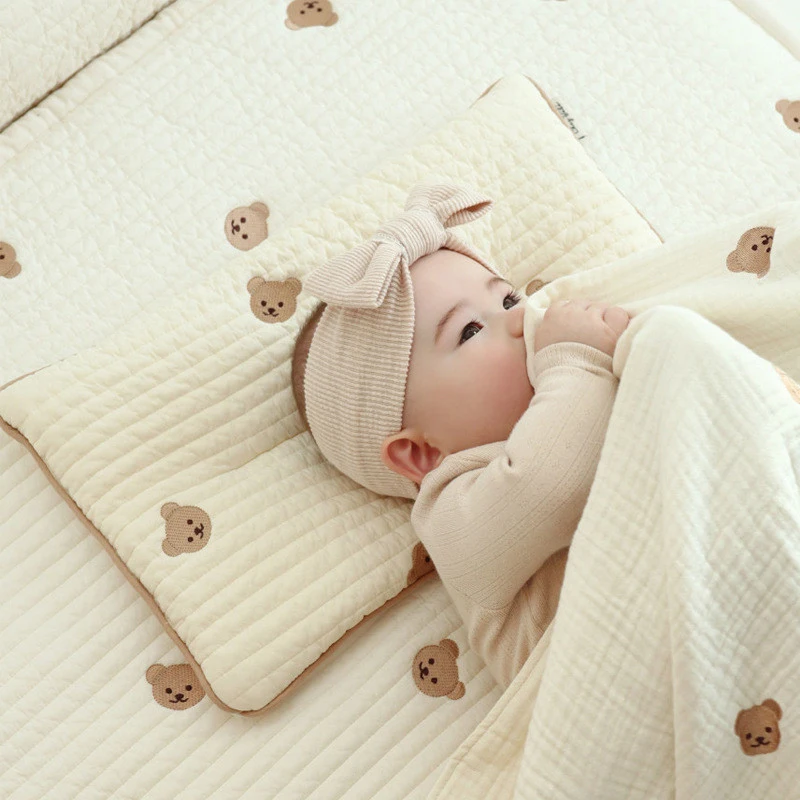 Korean Ins Style Baby Embroidered Bear Pillow Breathable Sweat-absorbent Cotton Pillow Baby Cute Pillow