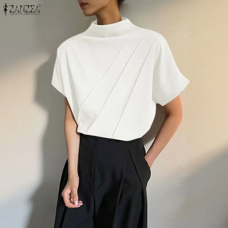 Elegante Damen OL Arbeitsbluse ZANZEA Sommer Bürohemd Stilvolle Tunika Mujer Damen Kurzarm Einfarbige Blusas Lässige Plissierte Oberteile
