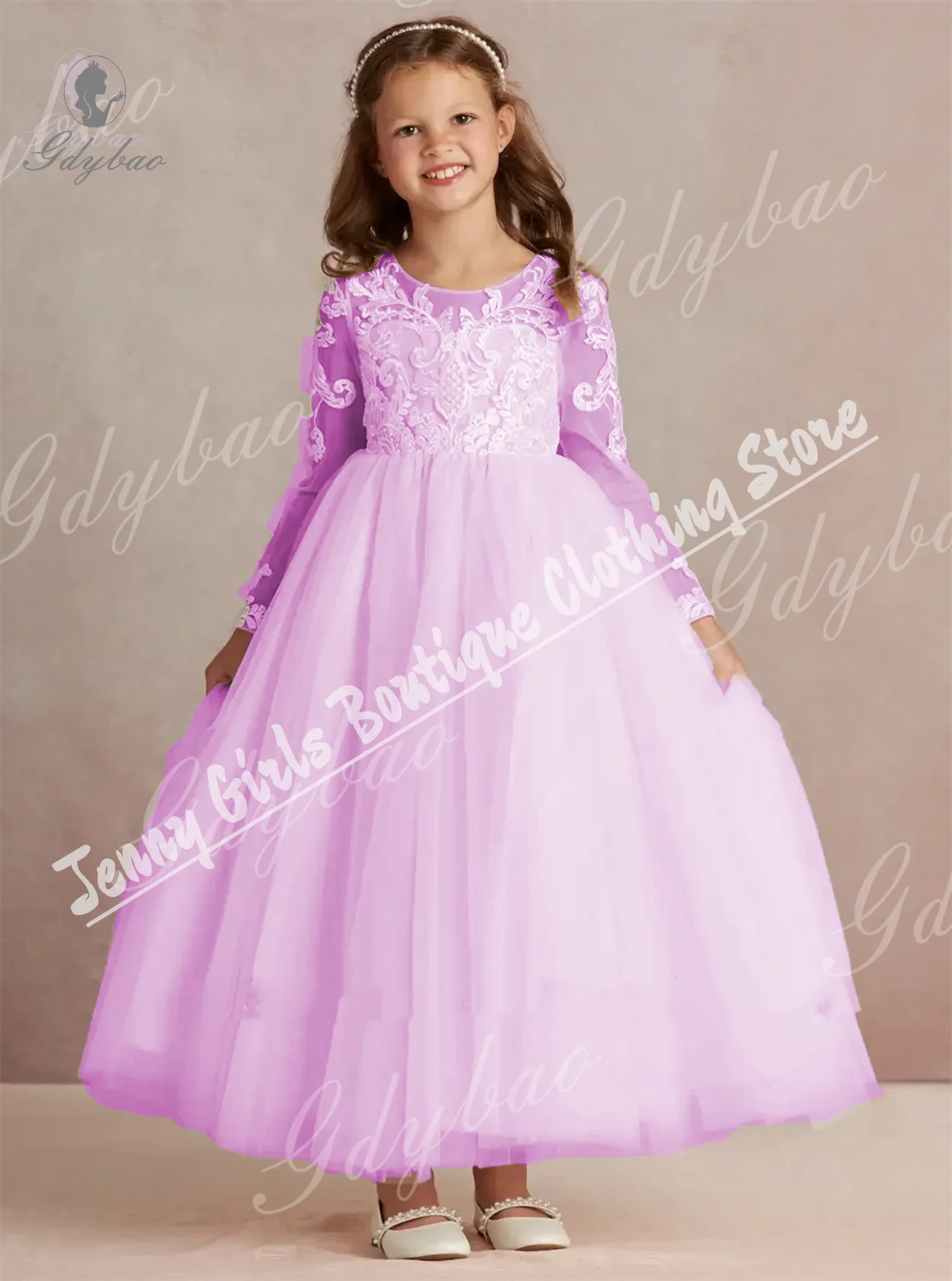 

Lilac Tulle Flower Girl Dress Bow Full Sleeves Lace Appliques Children's First communion Party Prom Dresses Customized