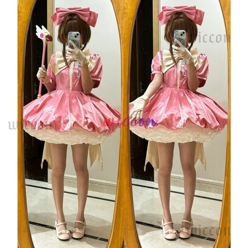 CardCaptor Sakura Cosplay Costume Pink Sakura Princess Dress Cosplay Costume Lolita Kawaii Pink Dress with Bowknot and Gloves