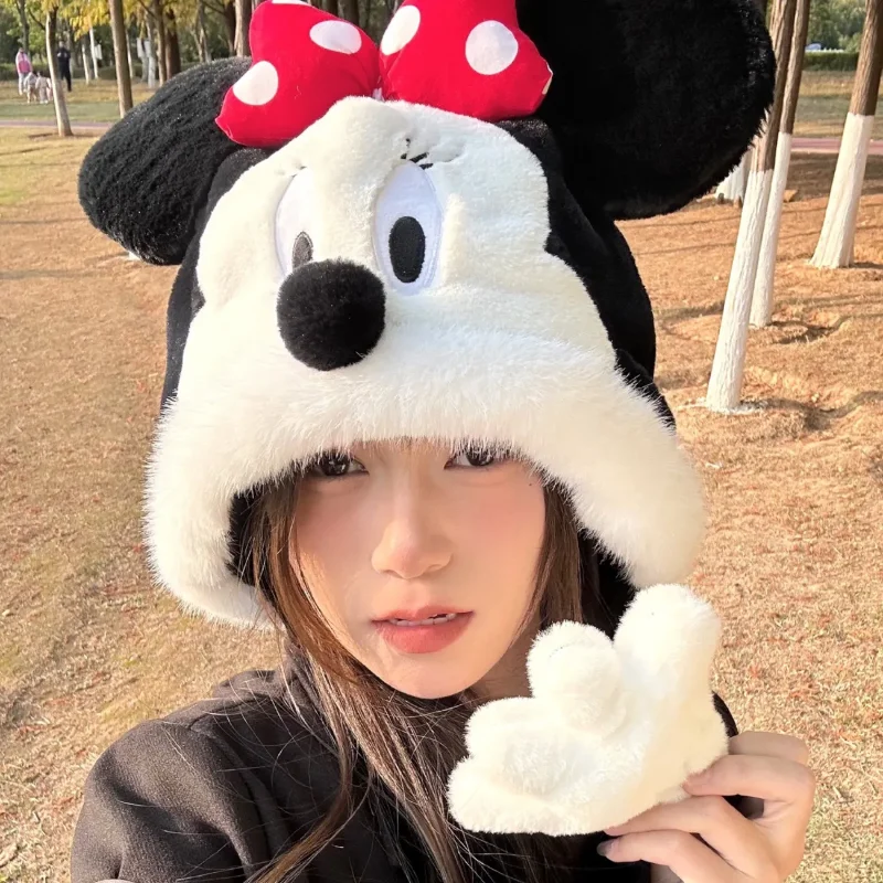 Disney Mickey Donald Duak Cute Plush Warm Hats Korean Sweet Kawaii Winter Ear Protection Cap Cartoon Fashion Pullover Hats Gifts