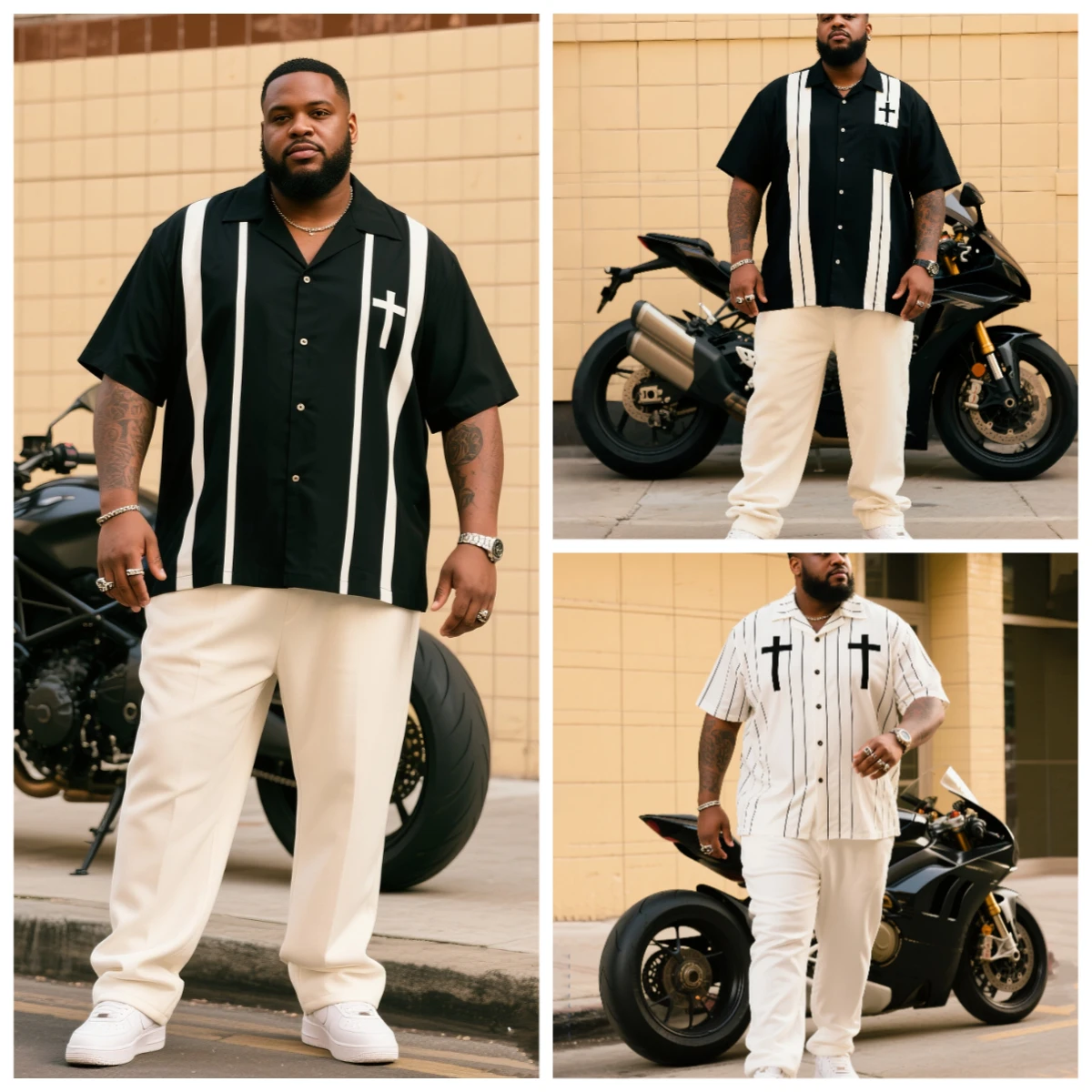 

S-9XL Plus Size Men's Streetwear Cross Print & Striped Shirt & Pants Set, Multi-Design Casual 2-Piece Summer Outfit Collection