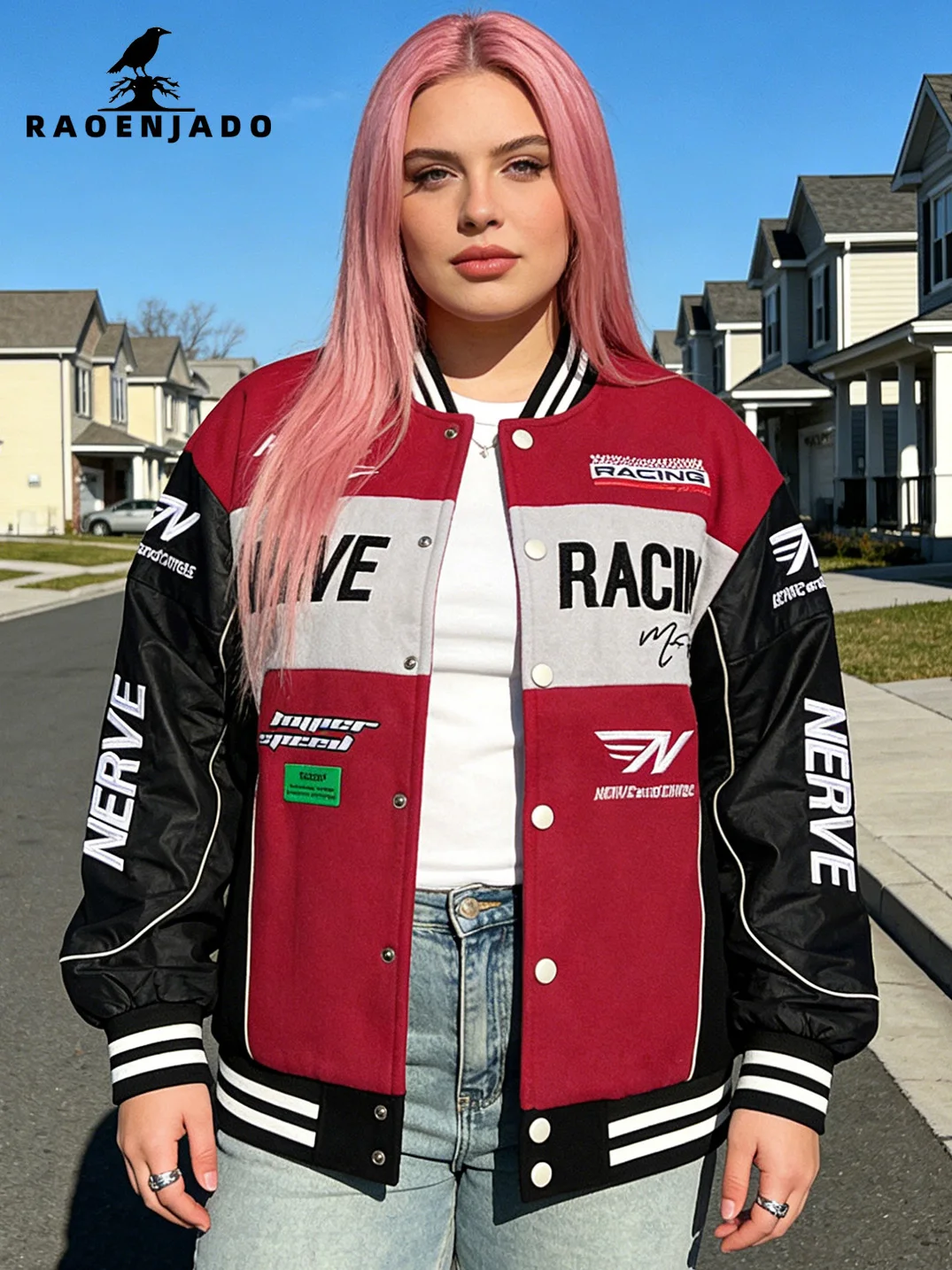 

Женская мотоциклетная куртка с рукавами из искусственной кожи, бейсбольная куртка больших размеров, уличная одежда для гонок, весенне-осенняя ветрозащитная верхняя одежда с принтом