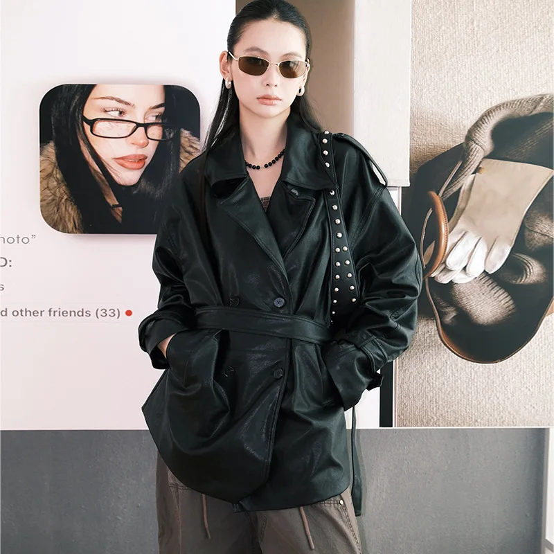 

Stylish Streetwear Jacket with Large Lapels Metallic Thread Double Breasted Mid Length Tied Waist Design