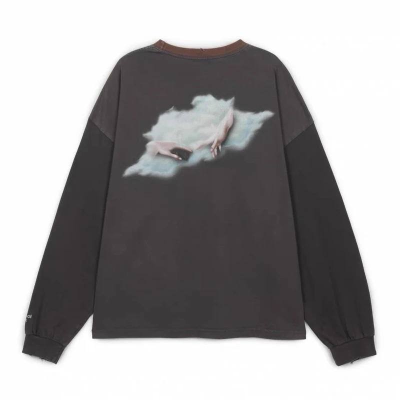 High Street Men Women Washed Retro Protocol Index T-shirt High-quality Contrasting Color Perforated Long Sleeved Top
