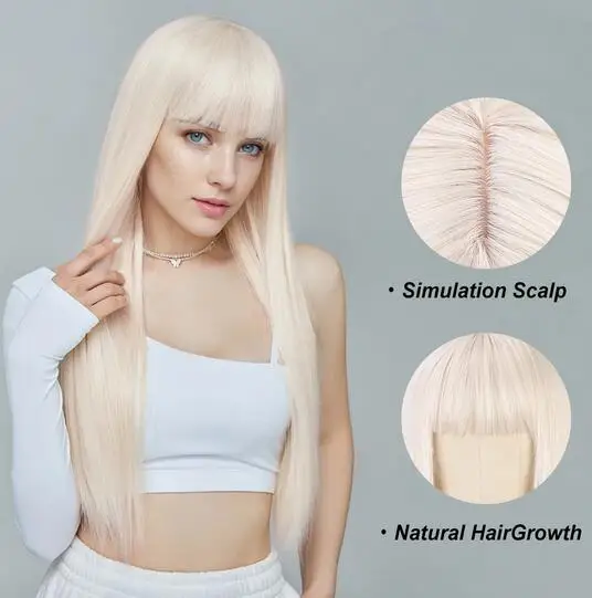 Synthetic Straight Wigs Long Blonde Wigs with Bangs for White Black Women Red Pink Black Brown Daily Use Cosplay Wigs