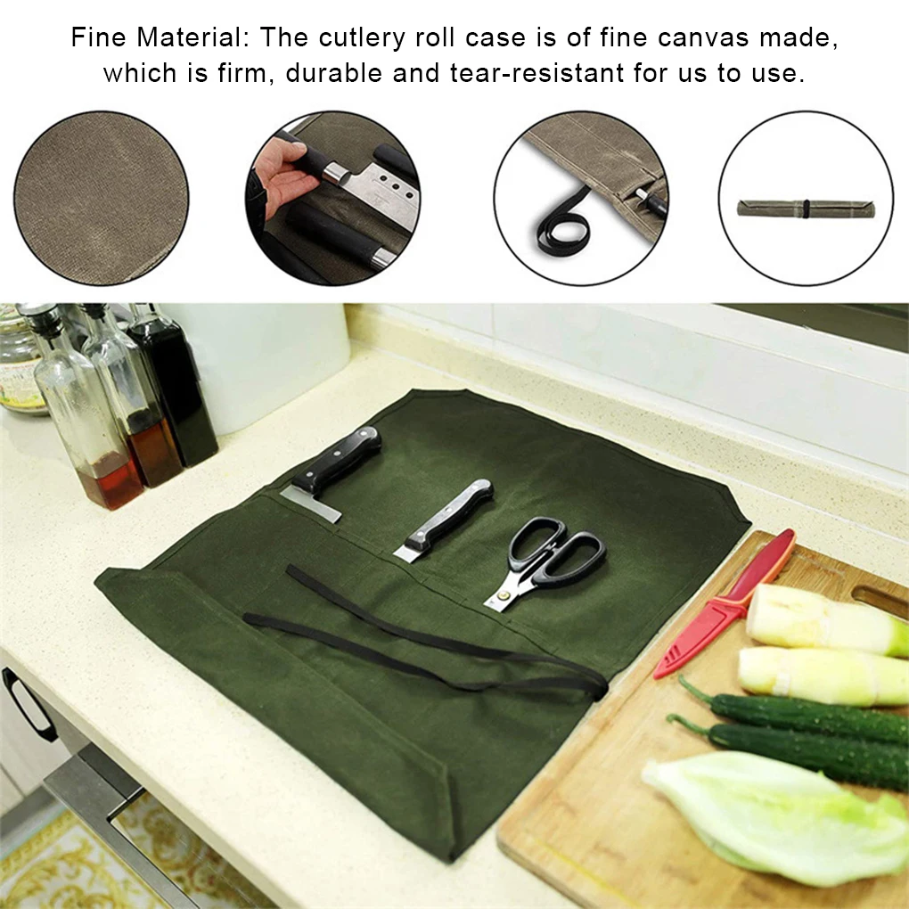 Cutlery Roll Case Reusable Washable Foldable Cooking Tool Holder Khaki