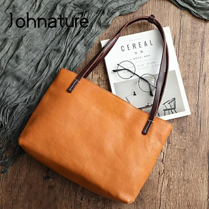 Borsa da donna di grande capacità Tote casual in vera pelle Johnature Borse a tracolla vintage in morbida pelle bovina naturale tinta unita semplice