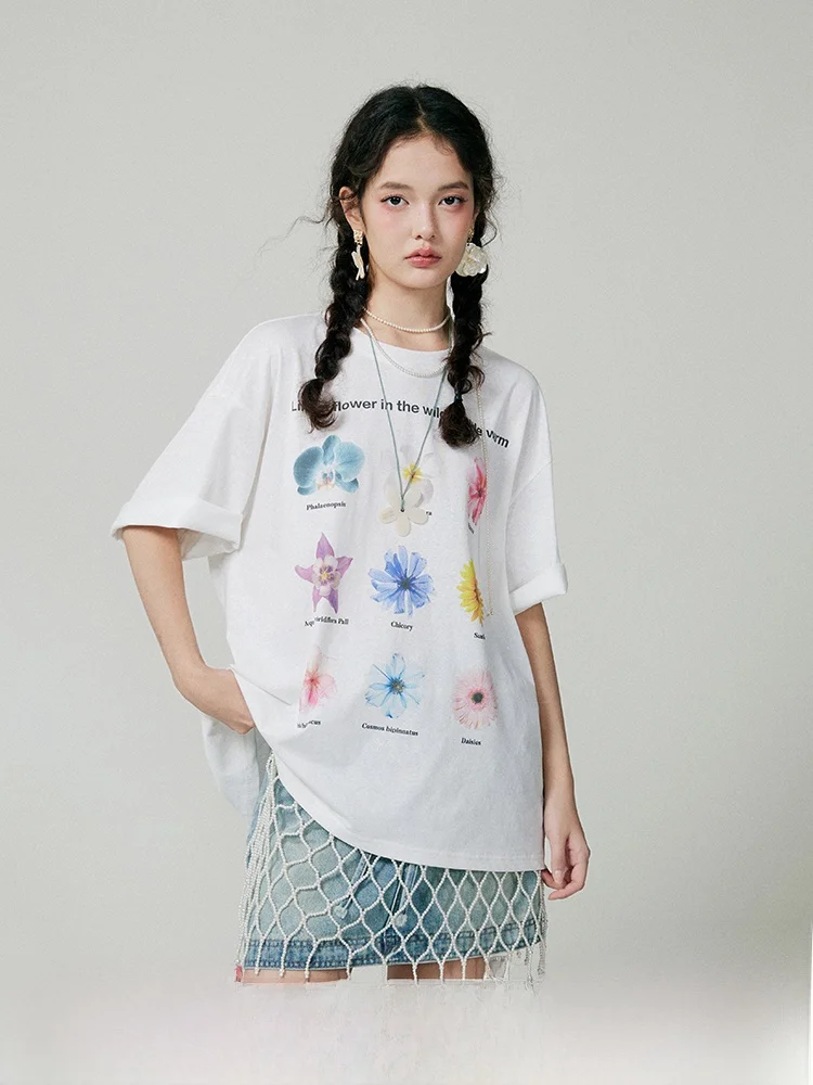 

Женская футболка свободного кроя с цветочным принтом, повседневная, с круглым вырезом, длинная, из смесового хлопка и полиэстера, цвет фиолетовый летний